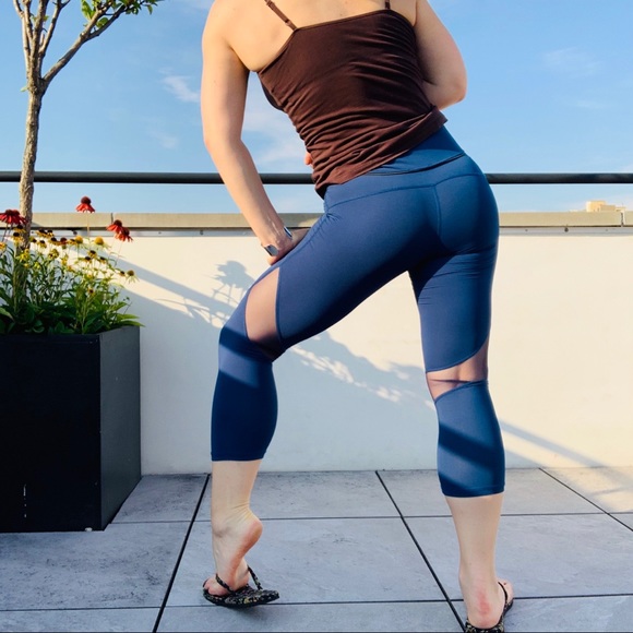 ALALA High Waist Satin Capri Mesh Panels Sheer Royal Blue Crop Jogger - Picture 16 of 16